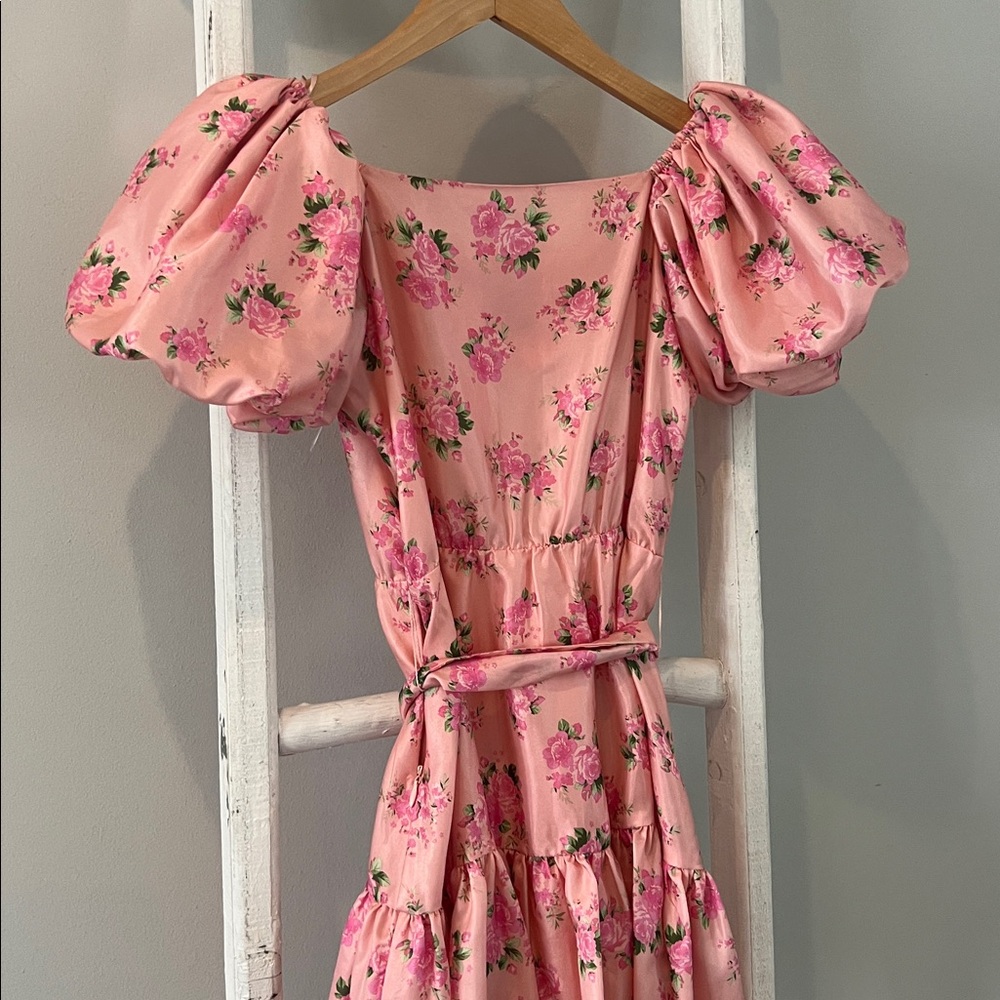 LoveShackFancy Cecile Pink Floral silky belted puff sleeve Mini Dress size 0 - Picture 8 of 10